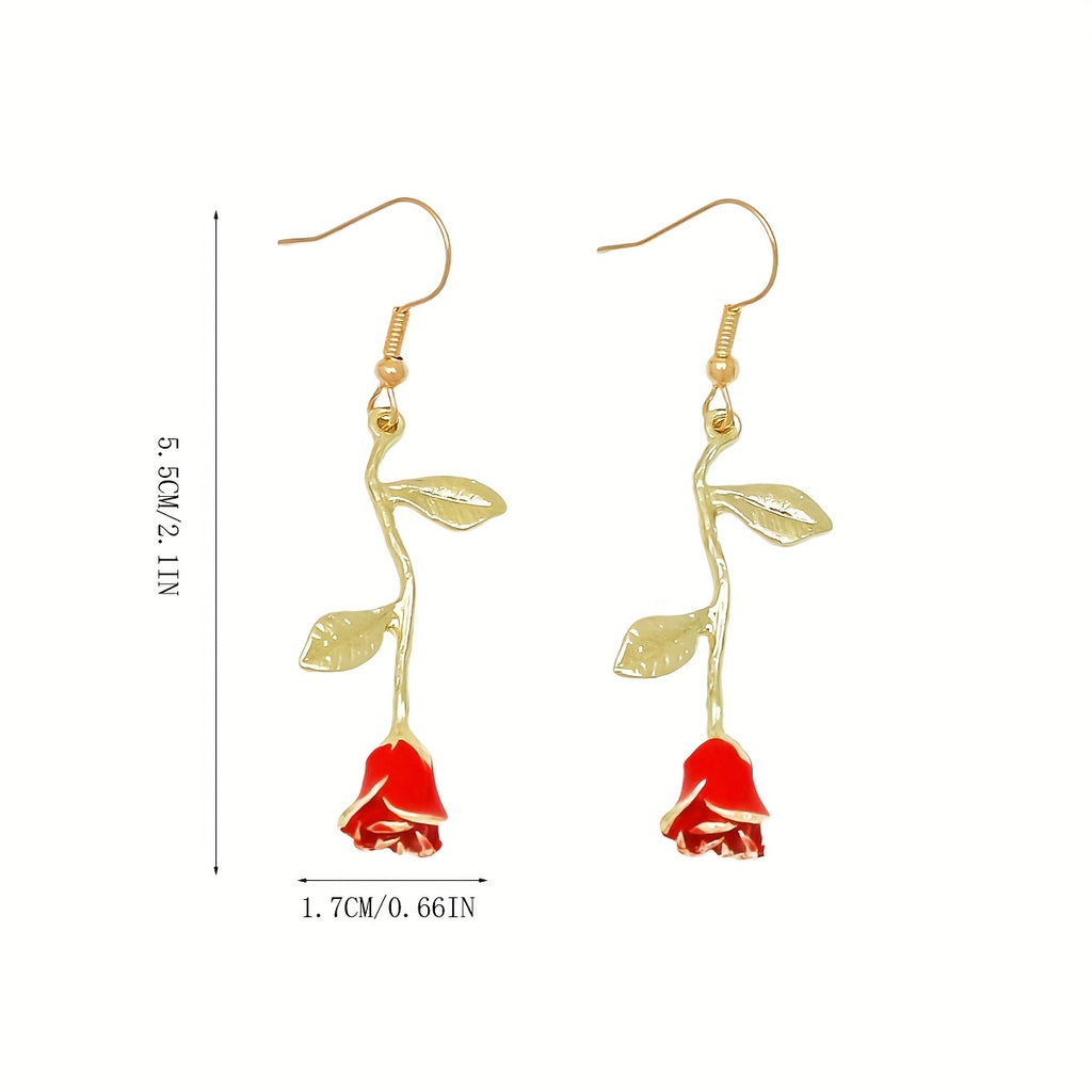 Rose Flower Design Red Dangle Earrings