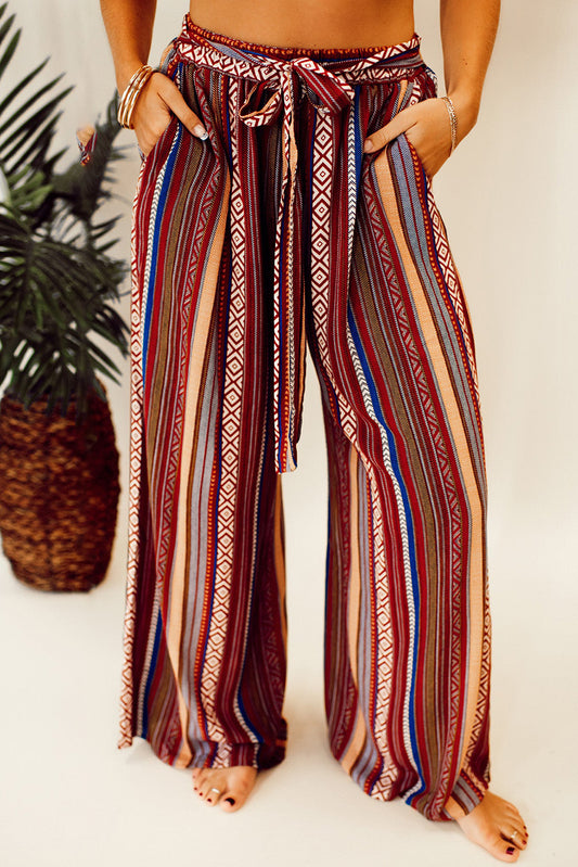 Boho Ethnic Striped Print Tie Waist Wide Leg Pants