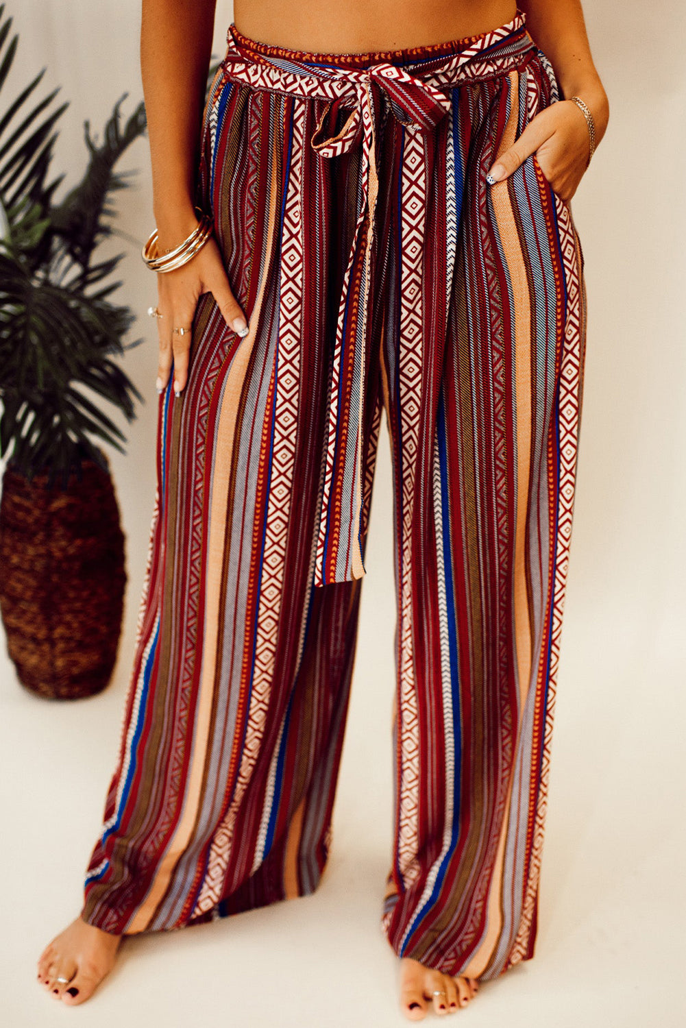 Boho Ethnic Striped Print Tie Waist Wide Leg Pants