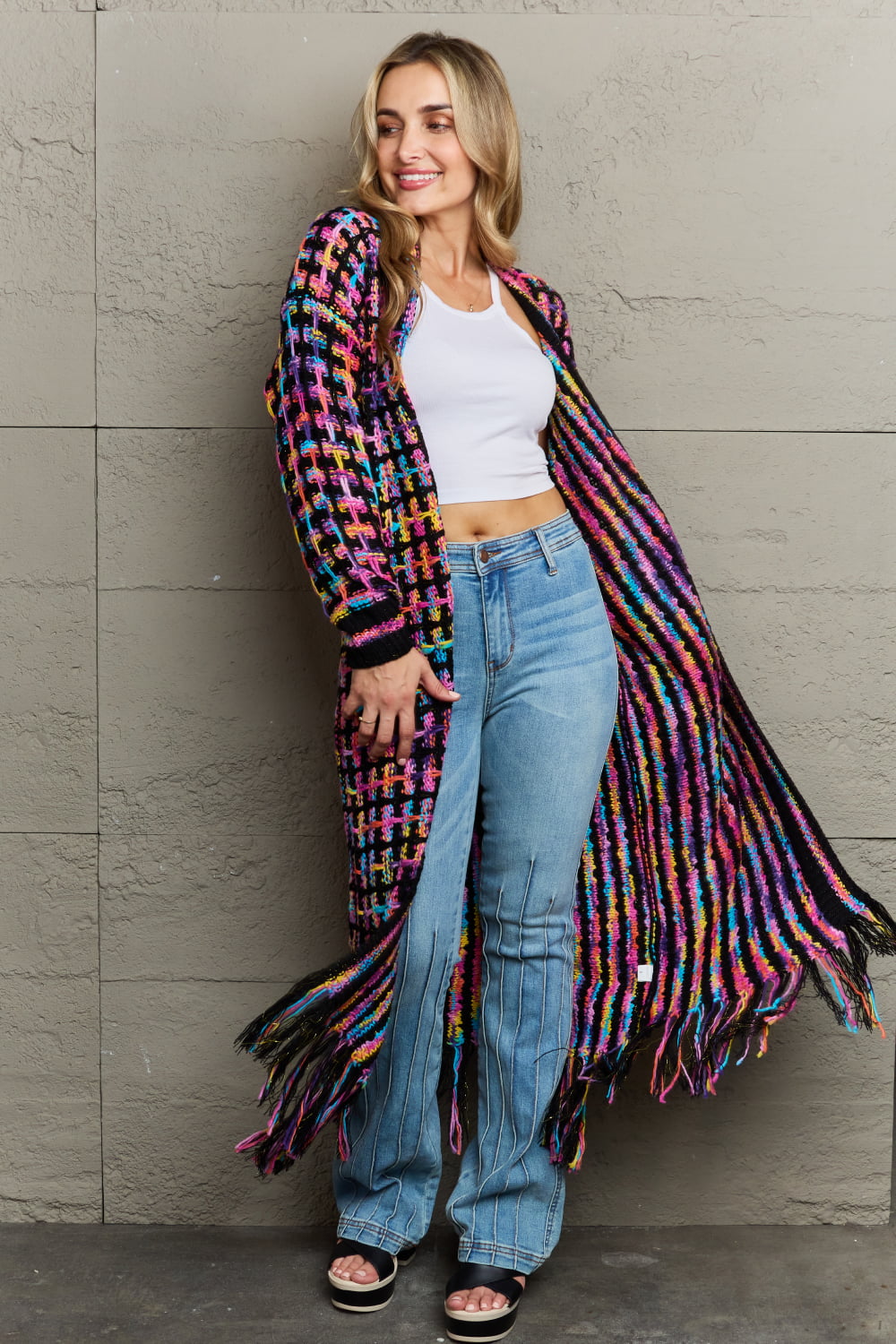 Multicolor Fringe Hem Cardigan