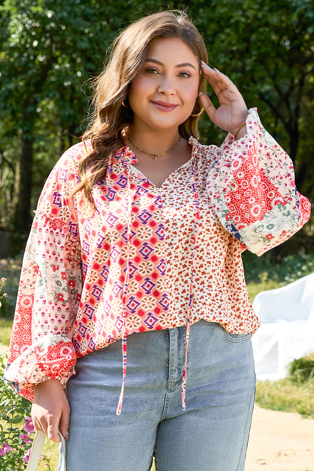 Floral Geometric Patchwork Plus Size Blouse