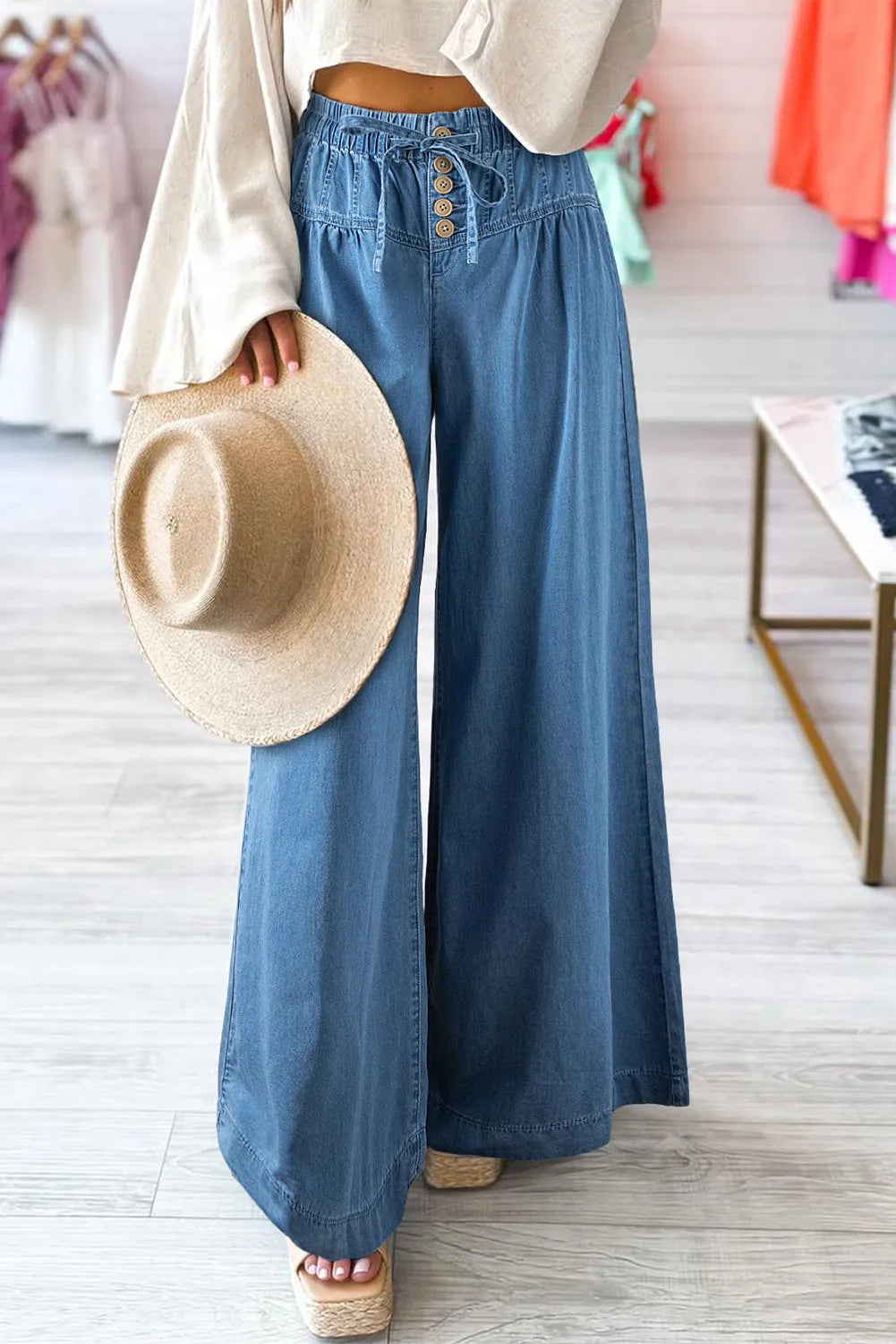 Drawstring Waist Wide Leg Jeans