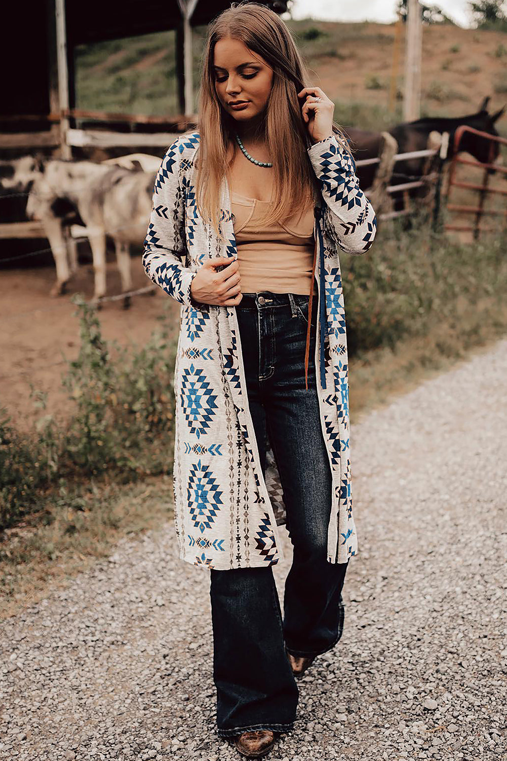 Aztec Printed Open Front Cardigan