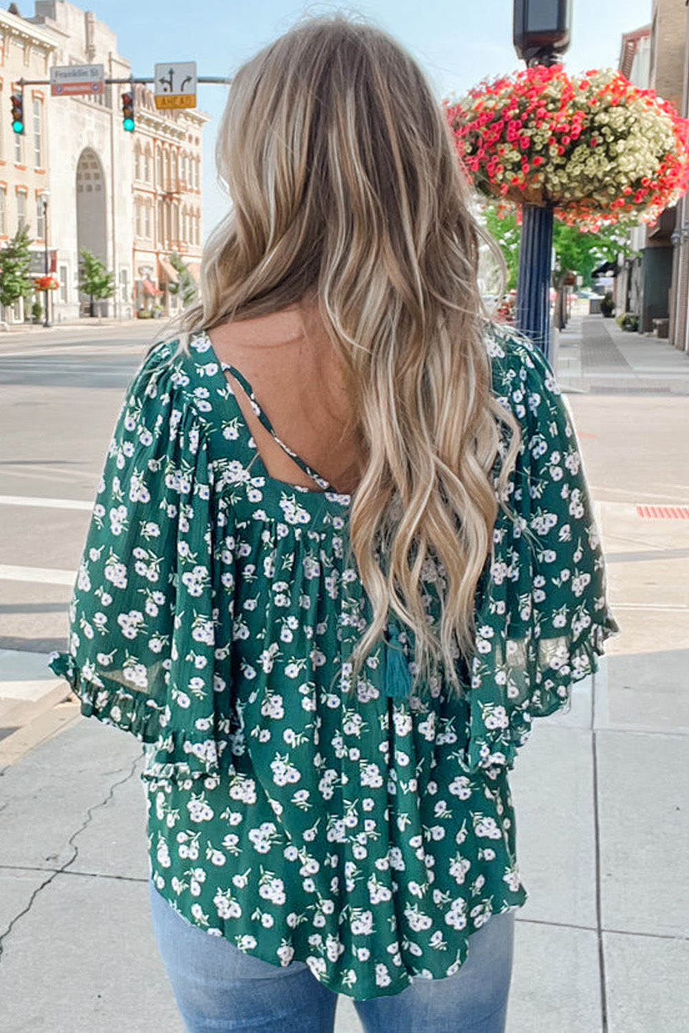 Floral Print Square Neck Ruffled Trim Blouse