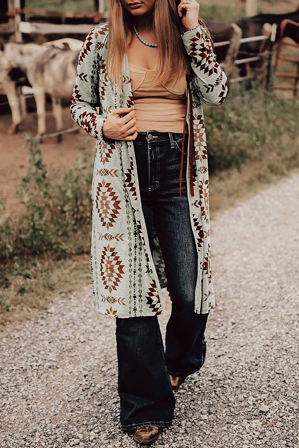 Aztec Printed Open Front Cardigan