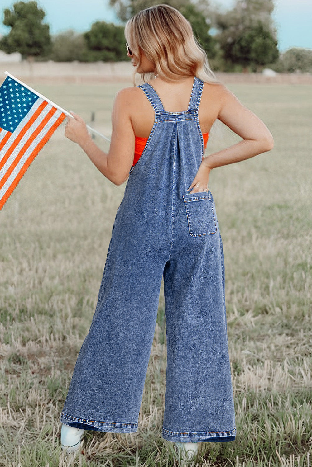 Buttoned Straps Wide Leg Denim Overalls