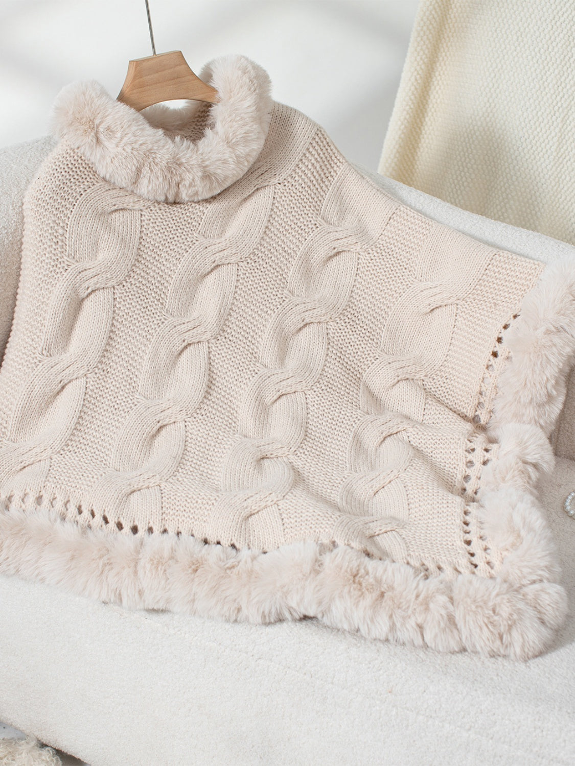 Fuzzy Cable-Knit Poncho