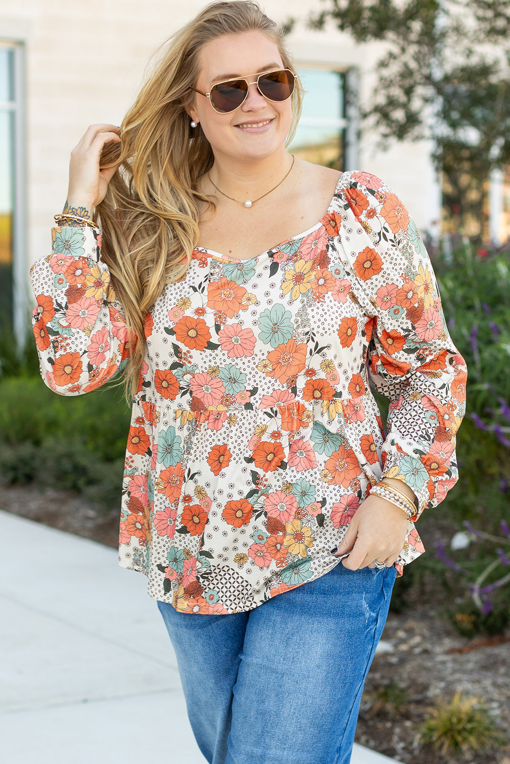 Flower Square Neck Peplum Blouse