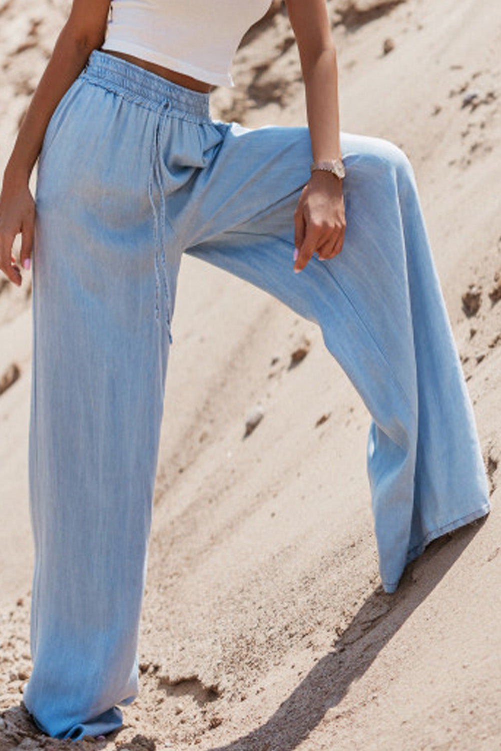 Drawstring High Waist Wide Leg Denim Pants