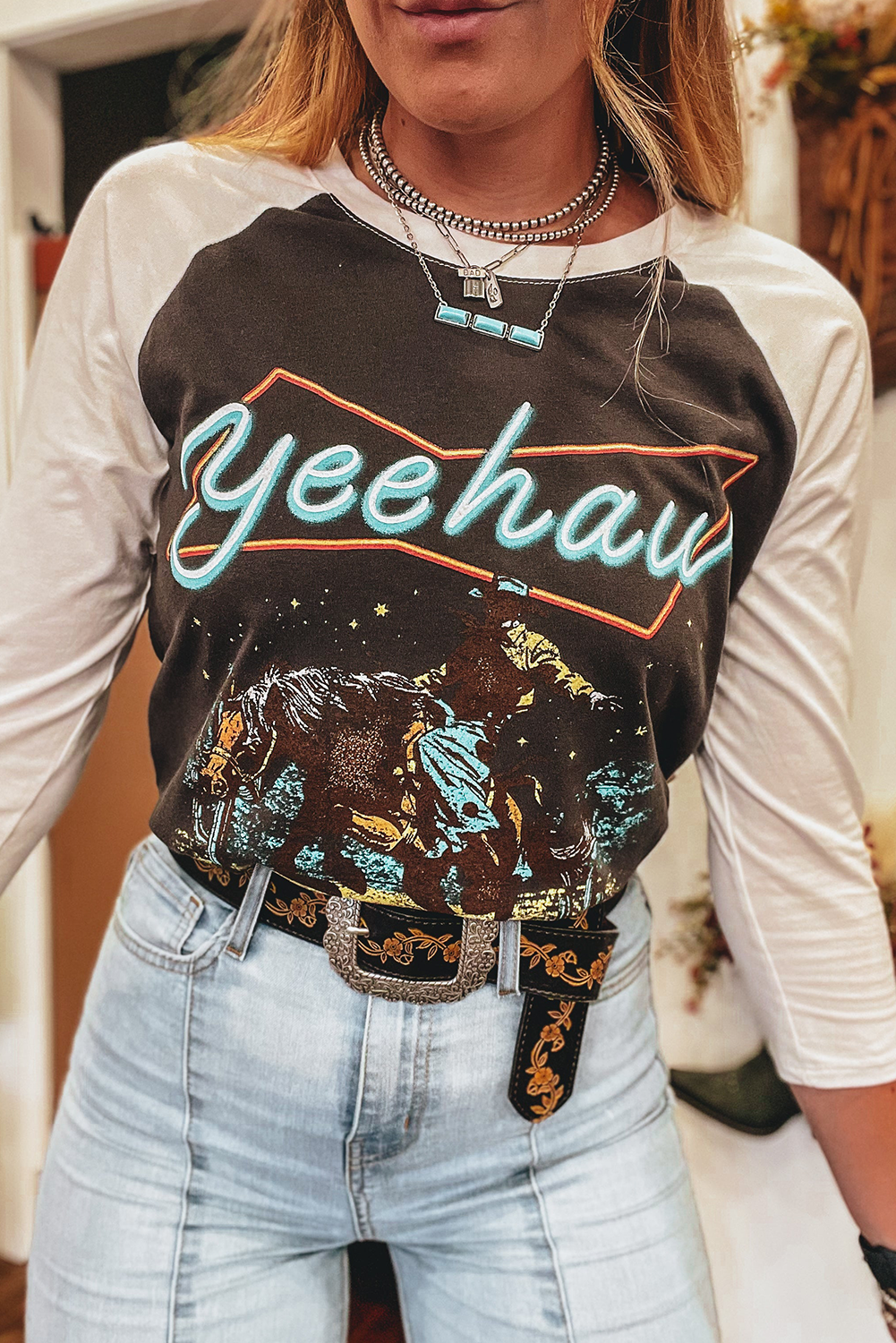 Western Yeehaw Graphic Vintage Raglan Long Sleeve Top