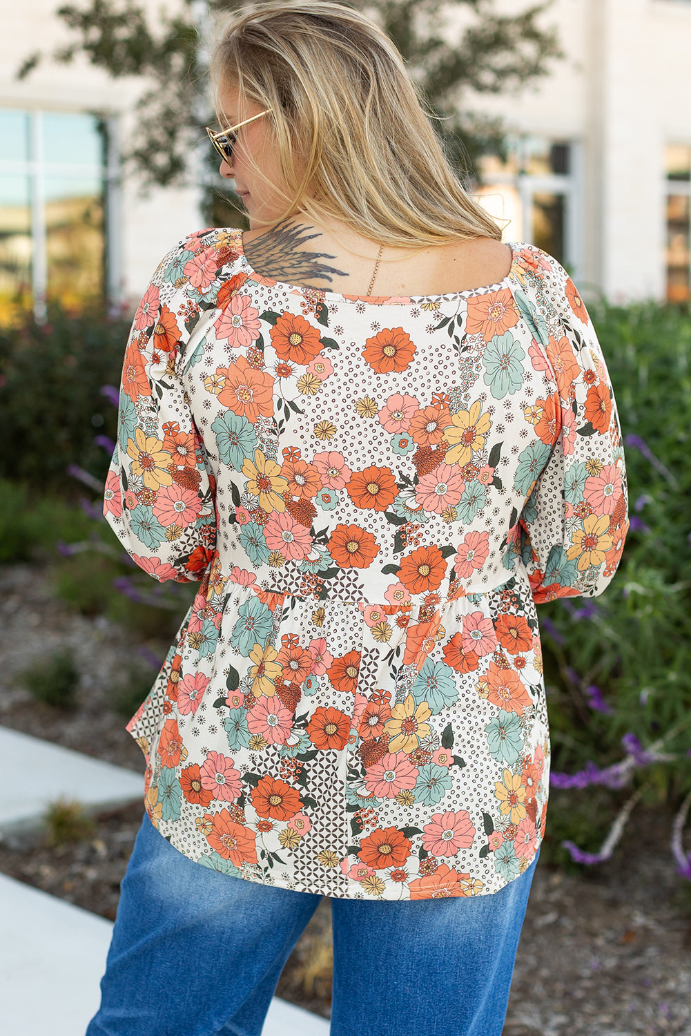 Flower Square Neck Peplum Blouse