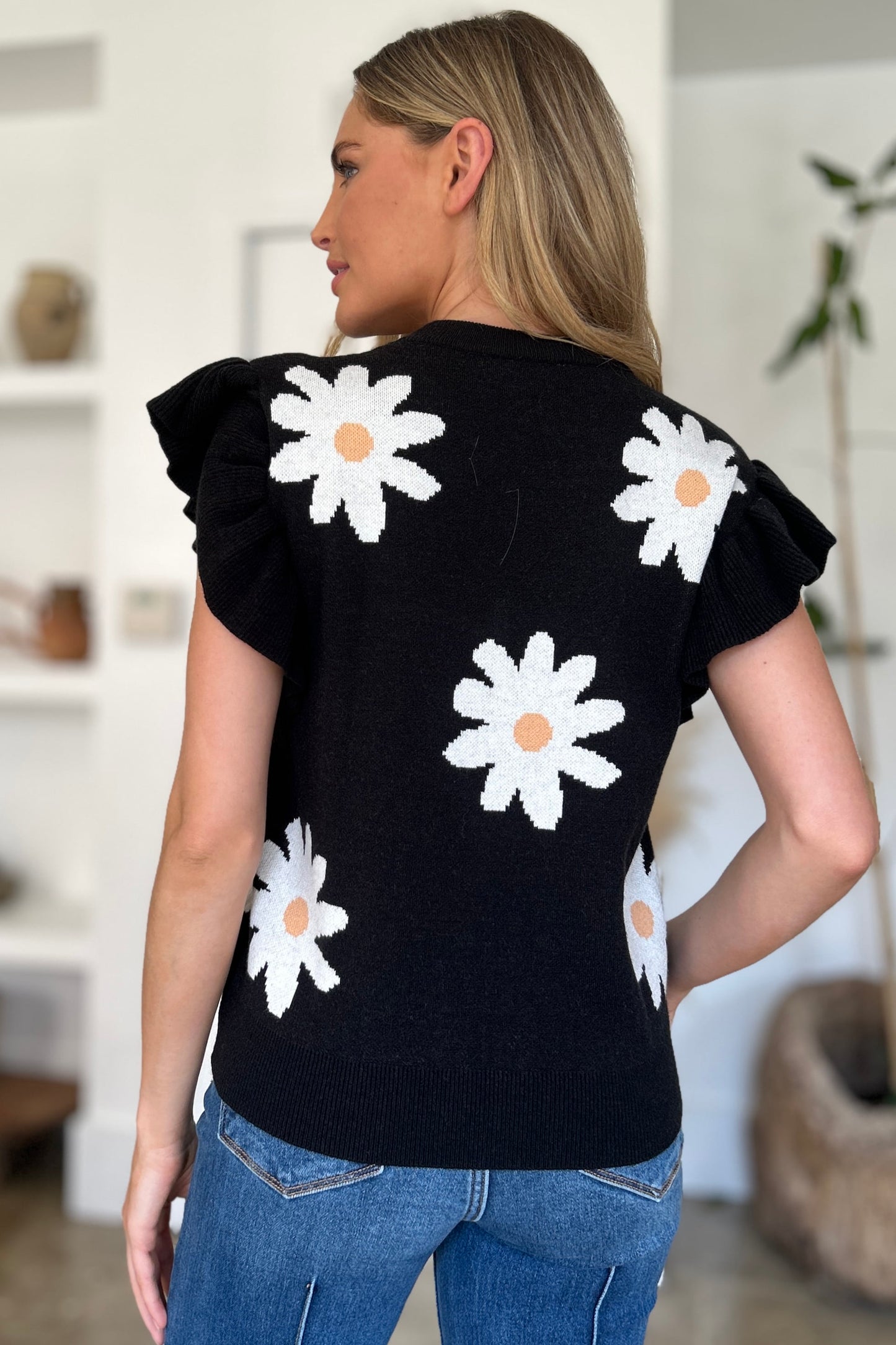 Ruffled Flower Round Neck Cap Sleeve Sweater