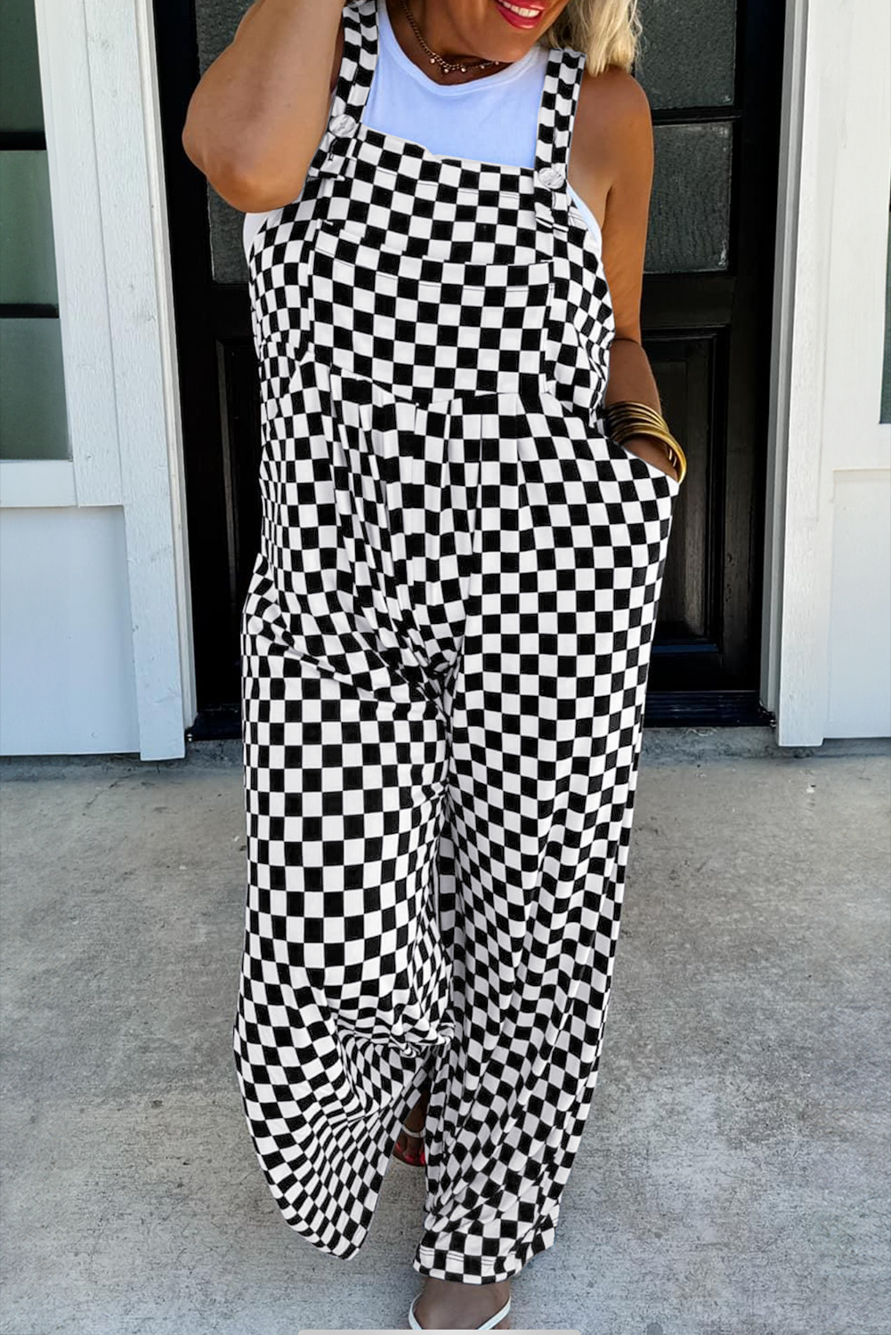 Checkered Print Wide Leg Jumpsuit