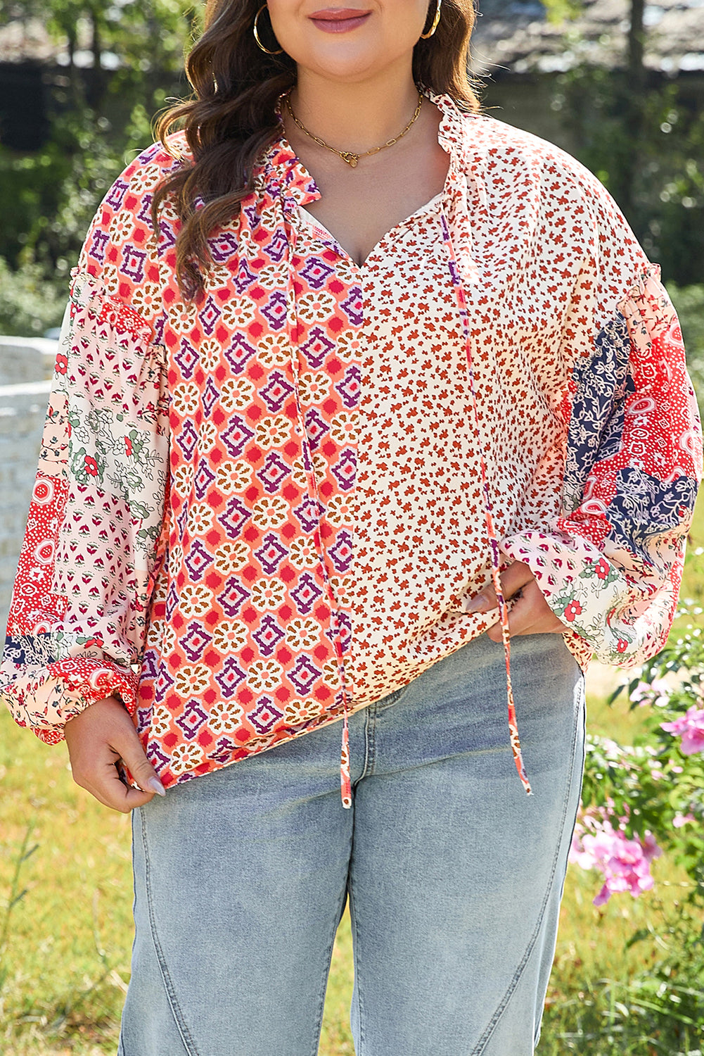 Floral Geometric Patchwork Plus Size Blouse