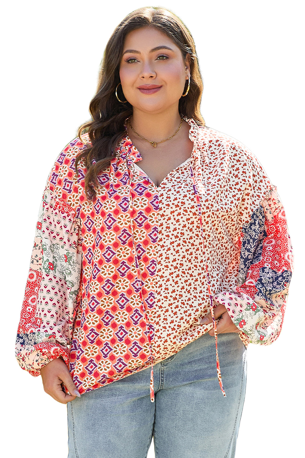 Floral Geometric Patchwork Plus Size Blouse