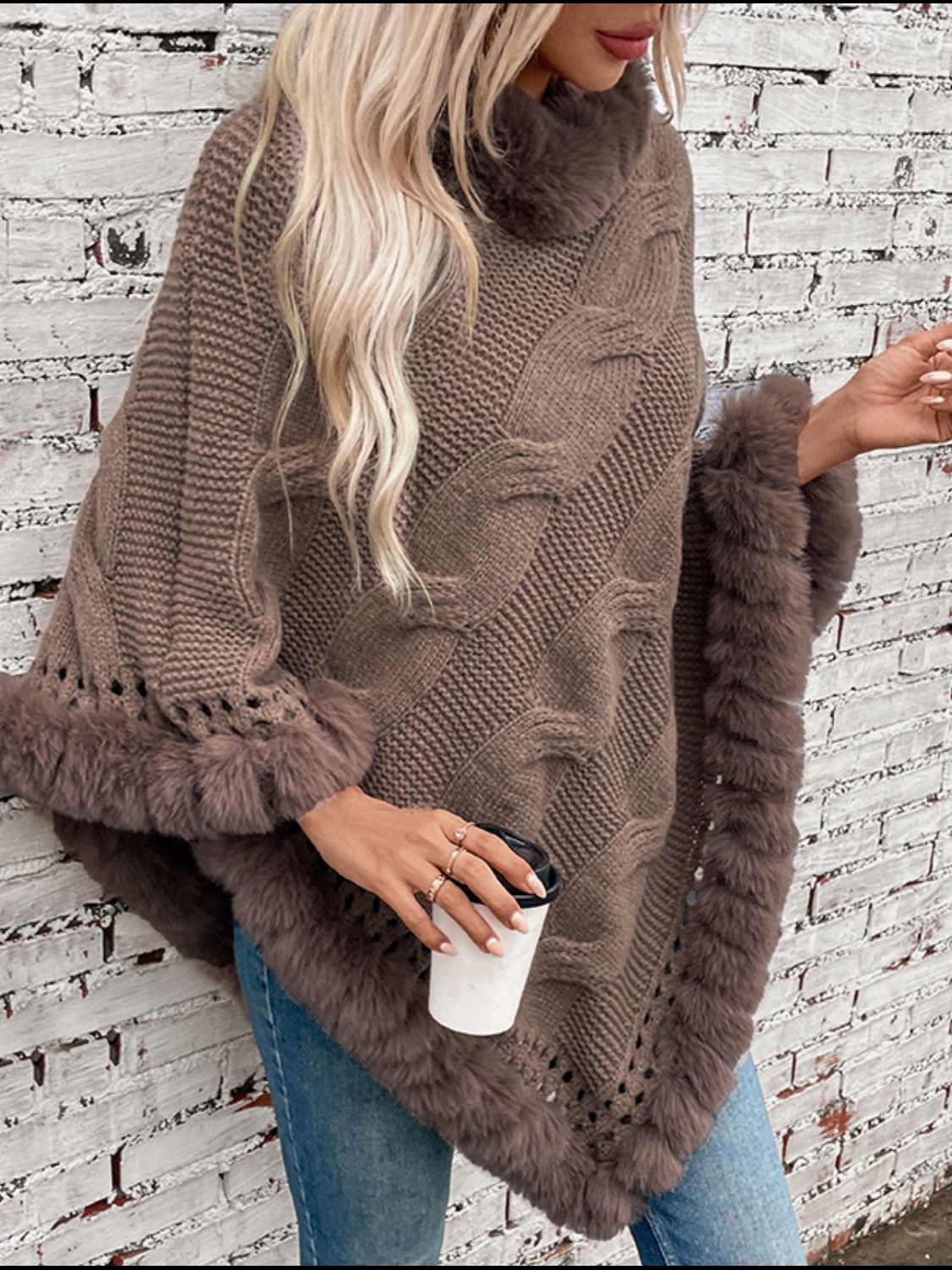 Fuzzy Cable-Knit Poncho