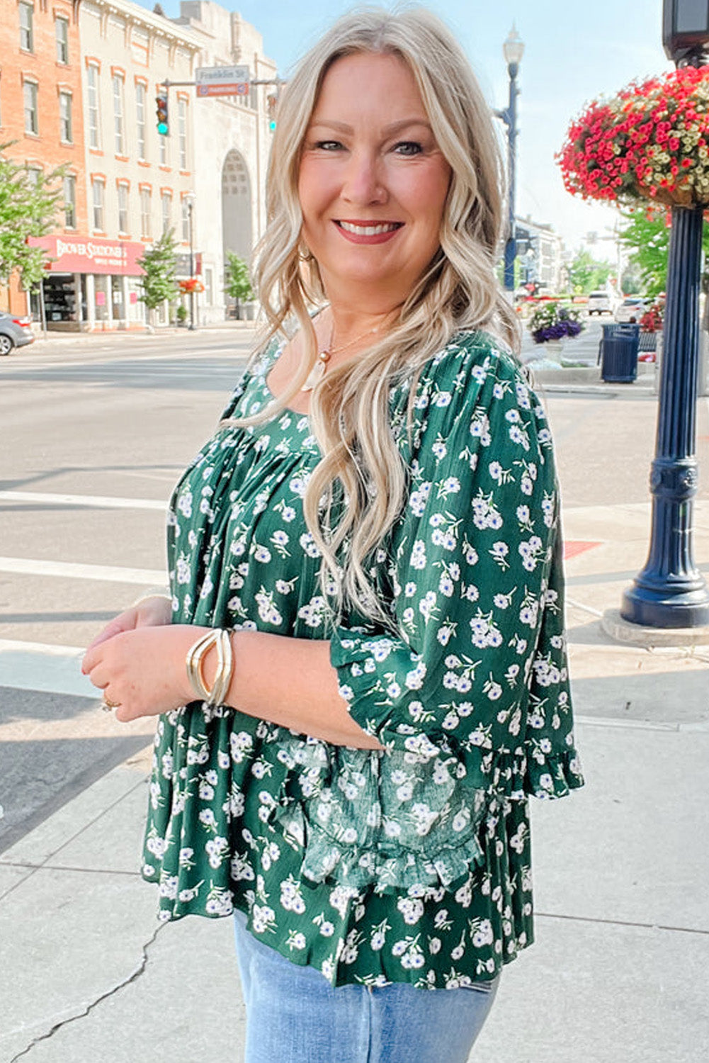 Floral Print Square Neck Ruffled Trim Blouse