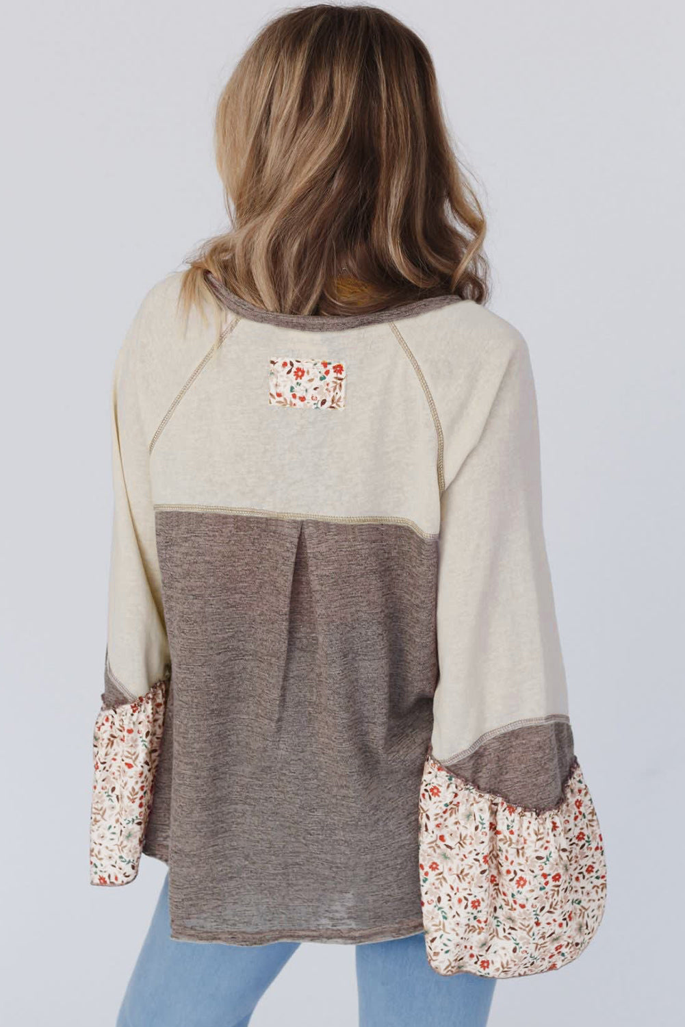 Floral Patchwork Flared Sleeve Buttons Henley Top