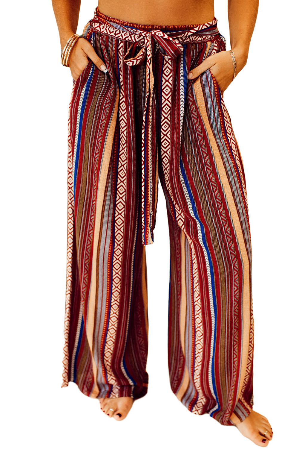 Boho Ethnic Striped Print Tie Waist Wide Leg Pants