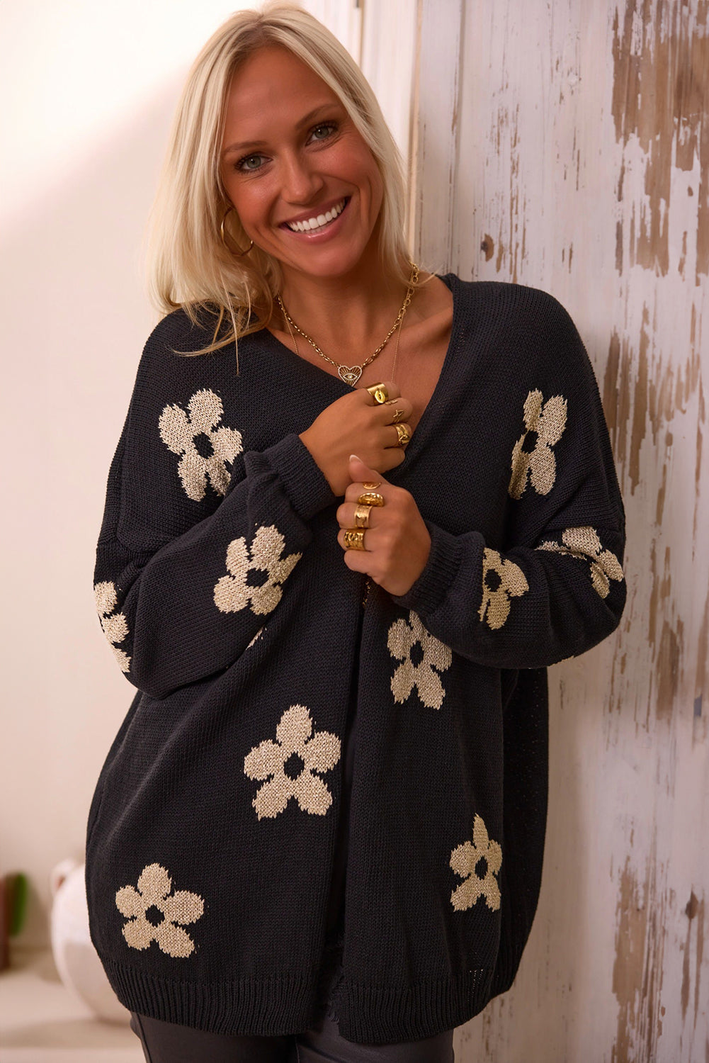 Floral Print Knitted Open Front Loose Cardigan