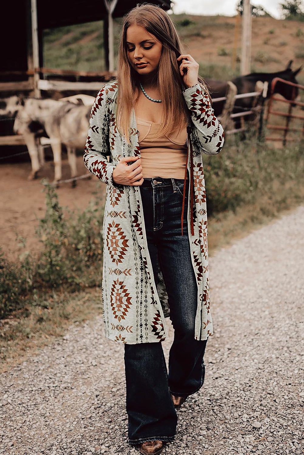 Aztec Printed Open Front Cardigan