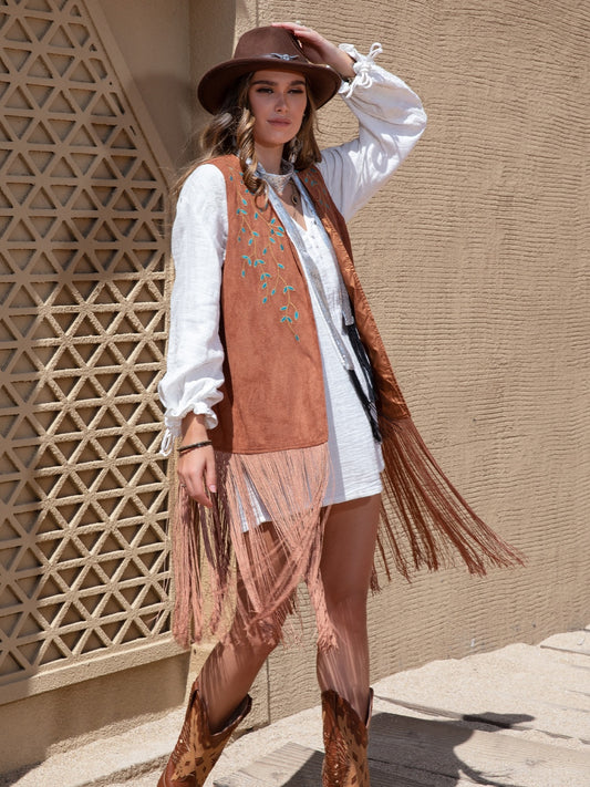 Suede Fringe Hem Open Front Vest