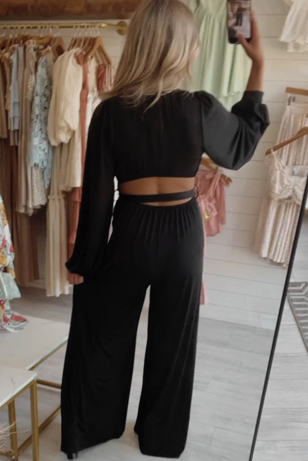 Cutout Back Belted Wide Leg Jumpsuit