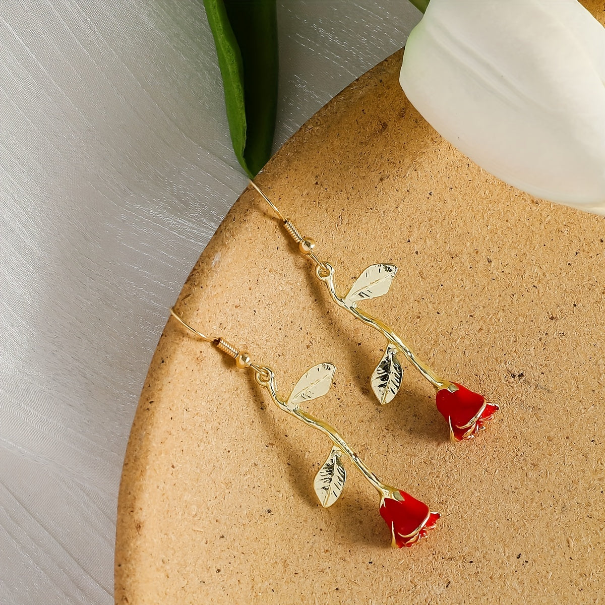 Rose Flower Design Red Dangle Earrings