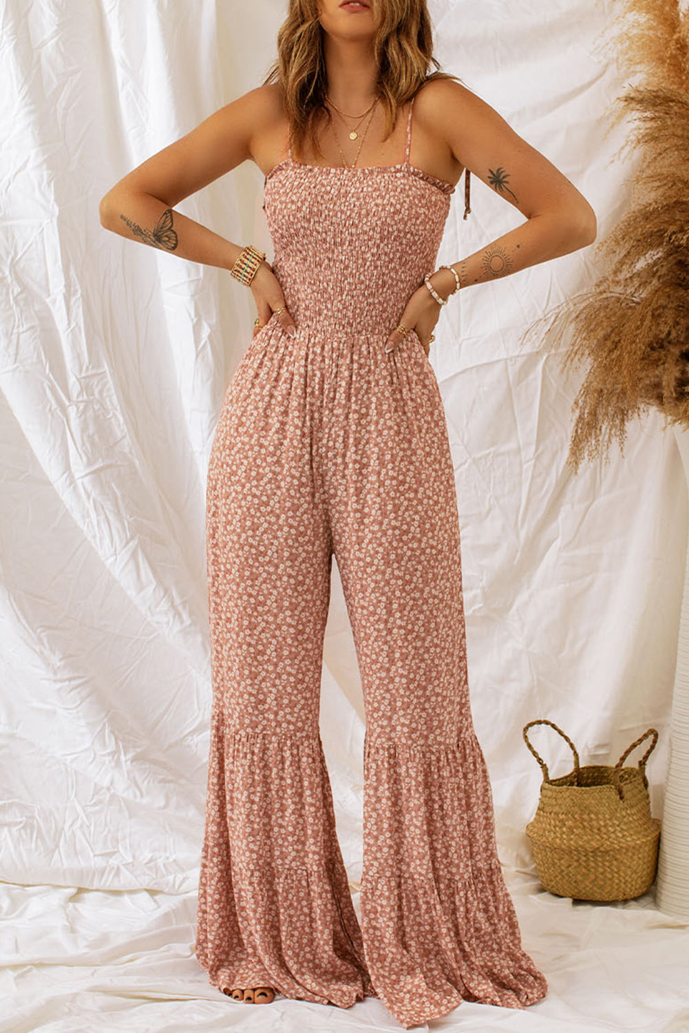 Smocked Bodice Wide Leg Floral Jumpsuit