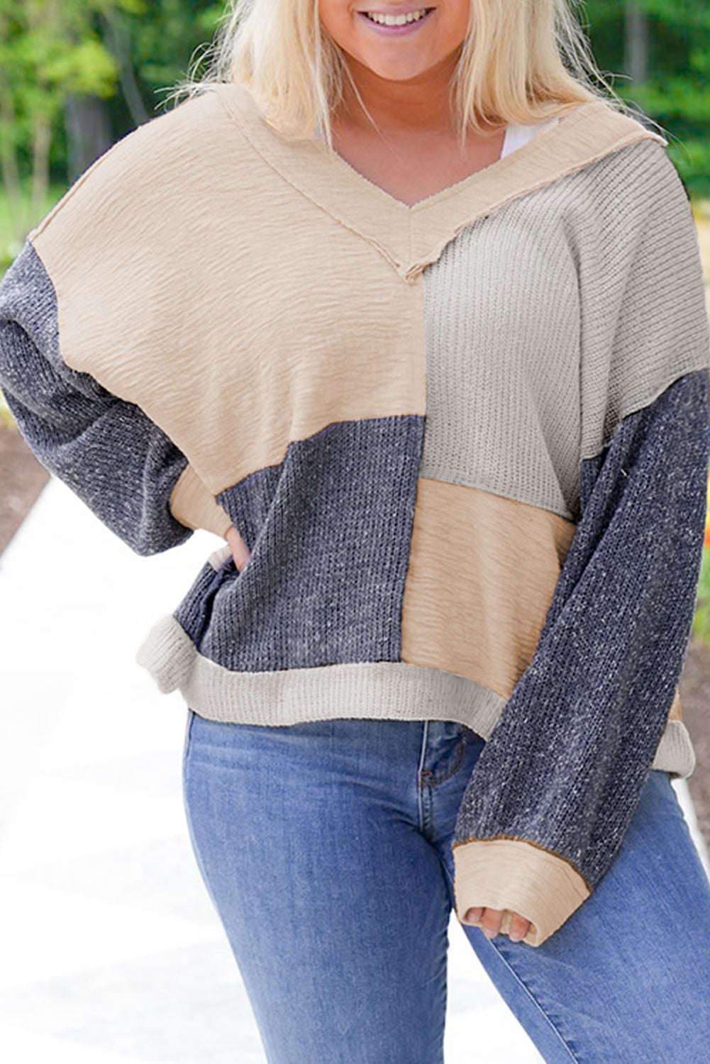 Textured Colorblock Patchwork V Neck Top