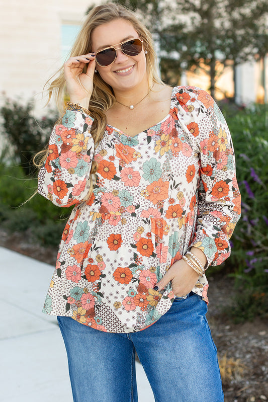 Flower Square Neck Peplum Blouse