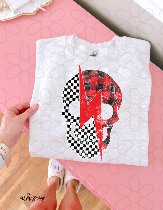 Checkered Plaid Skull Lightning Bolt Tee