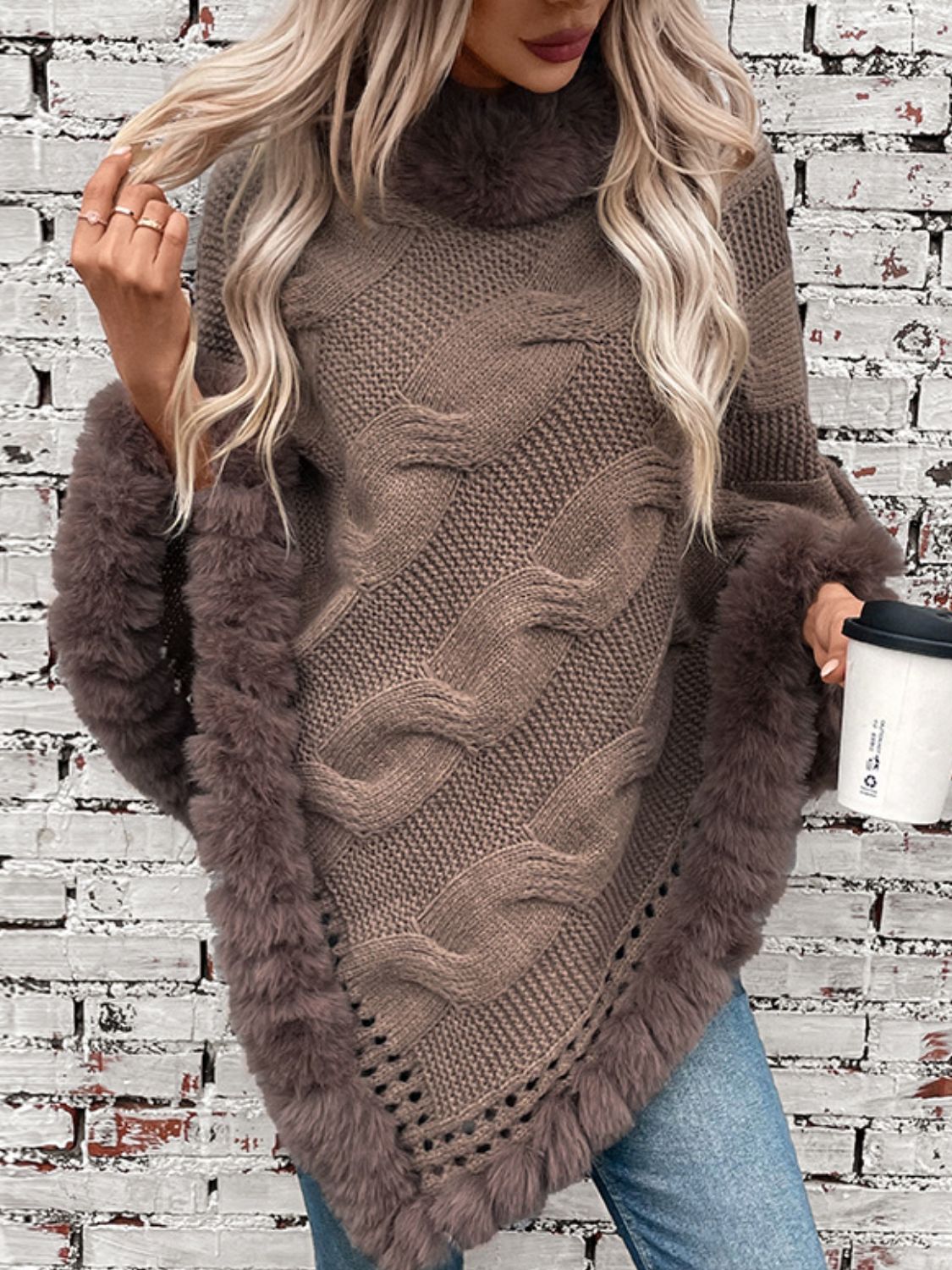 Fuzzy Cable-Knit Poncho