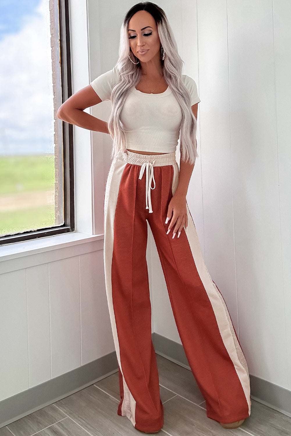 Flamingo Drawstring High Waist Wide Leg Pants