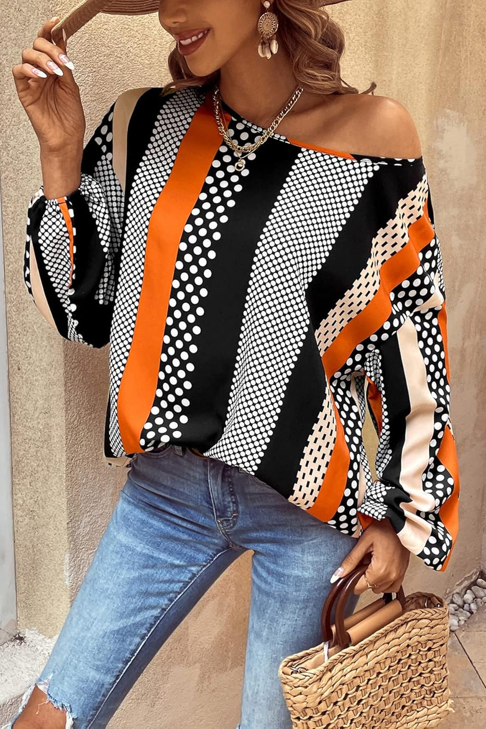 Vertical Striped Printed Puff Sleeve Blouse