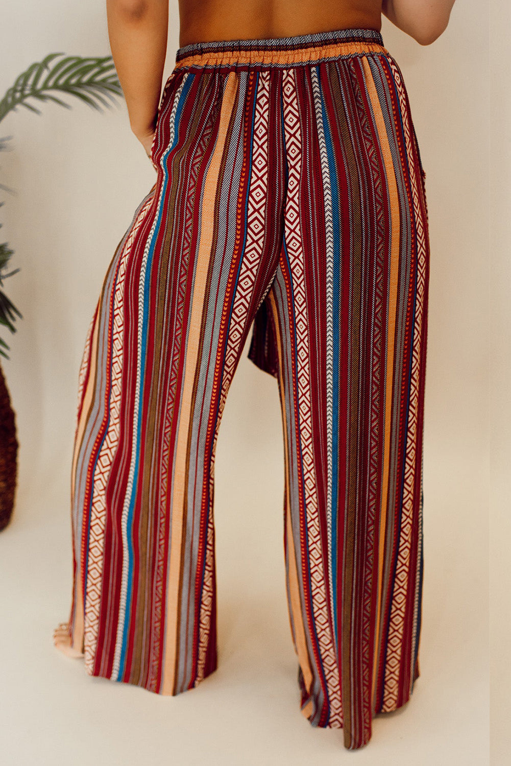 Boho Ethnic Striped Print Tie Waist Wide Leg Pants