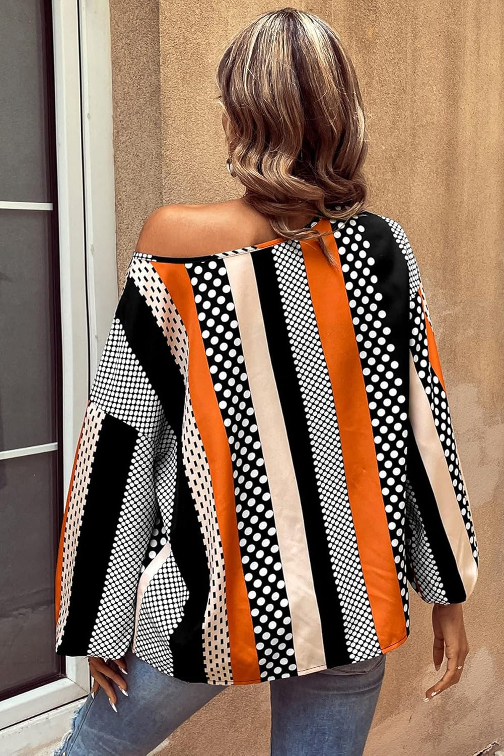 Vertical Striped Printed Puff Sleeve Blouse