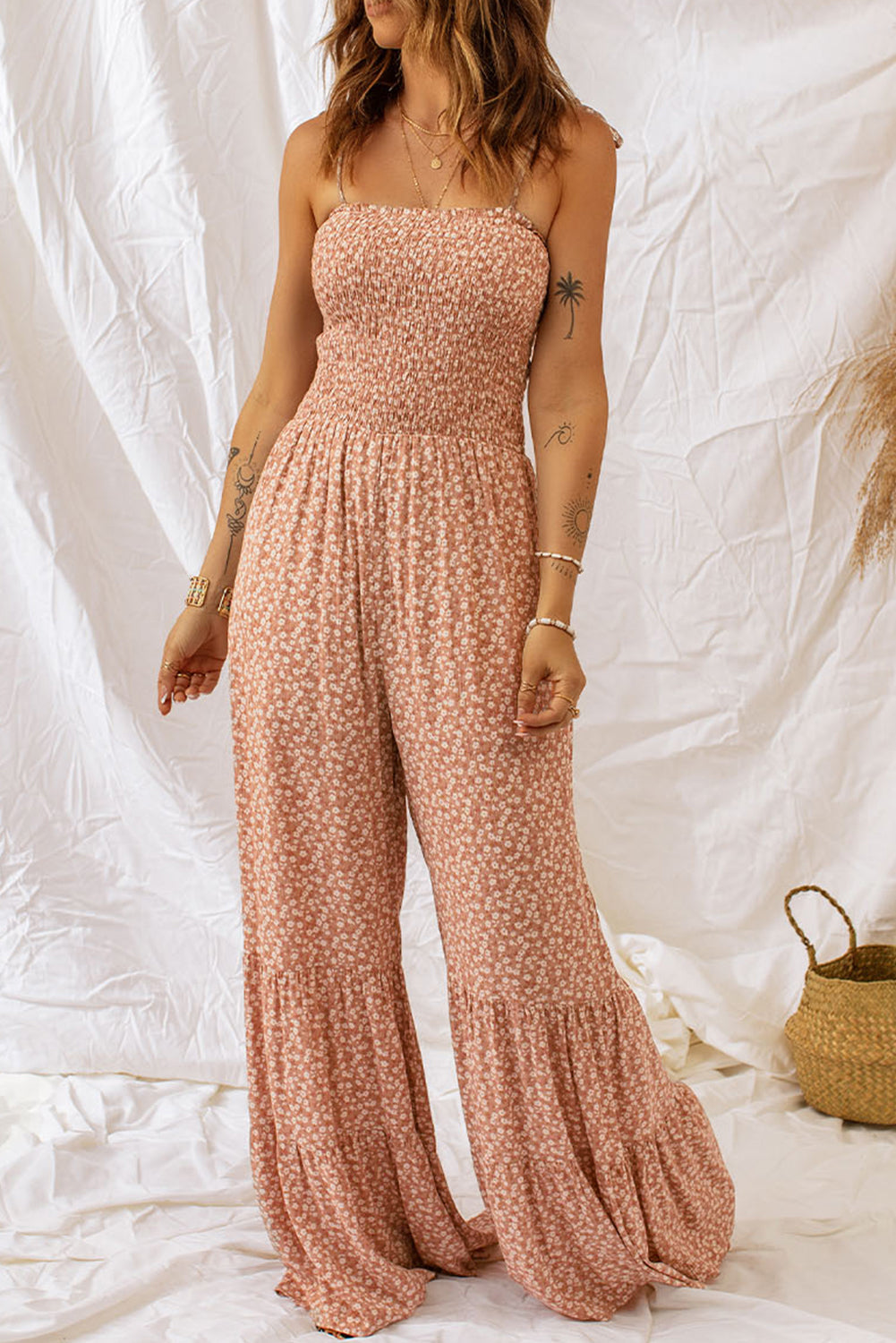 Smocked Bodice Wide Leg Floral Jumpsuit