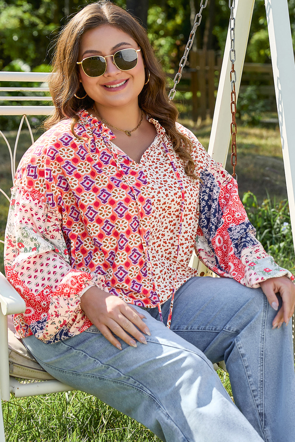 Floral Geometric Patchwork Plus Size Blouse