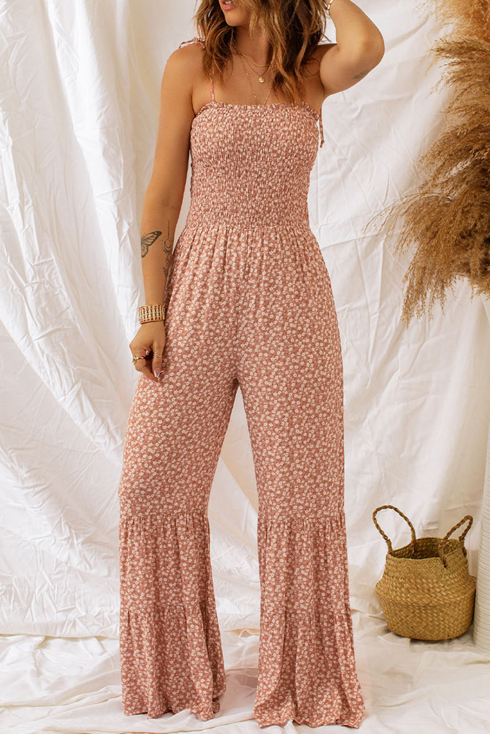 Smocked Bodice Wide Leg Floral Jumpsuit