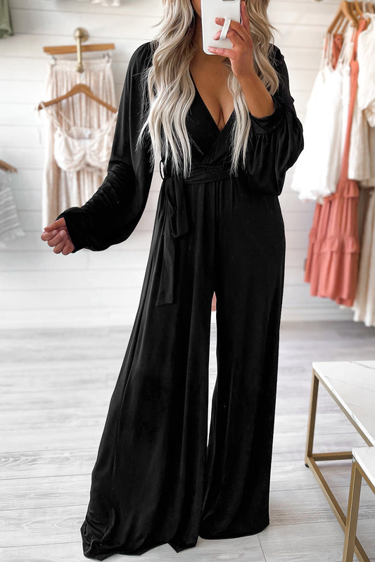 Cutout Back Belted Wide Leg Jumpsuit