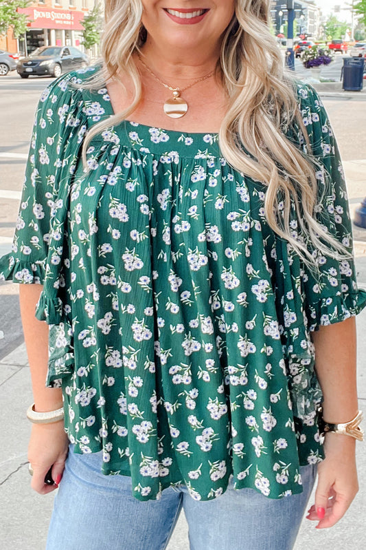 Floral Print Square Neck Ruffled Trim Blouse