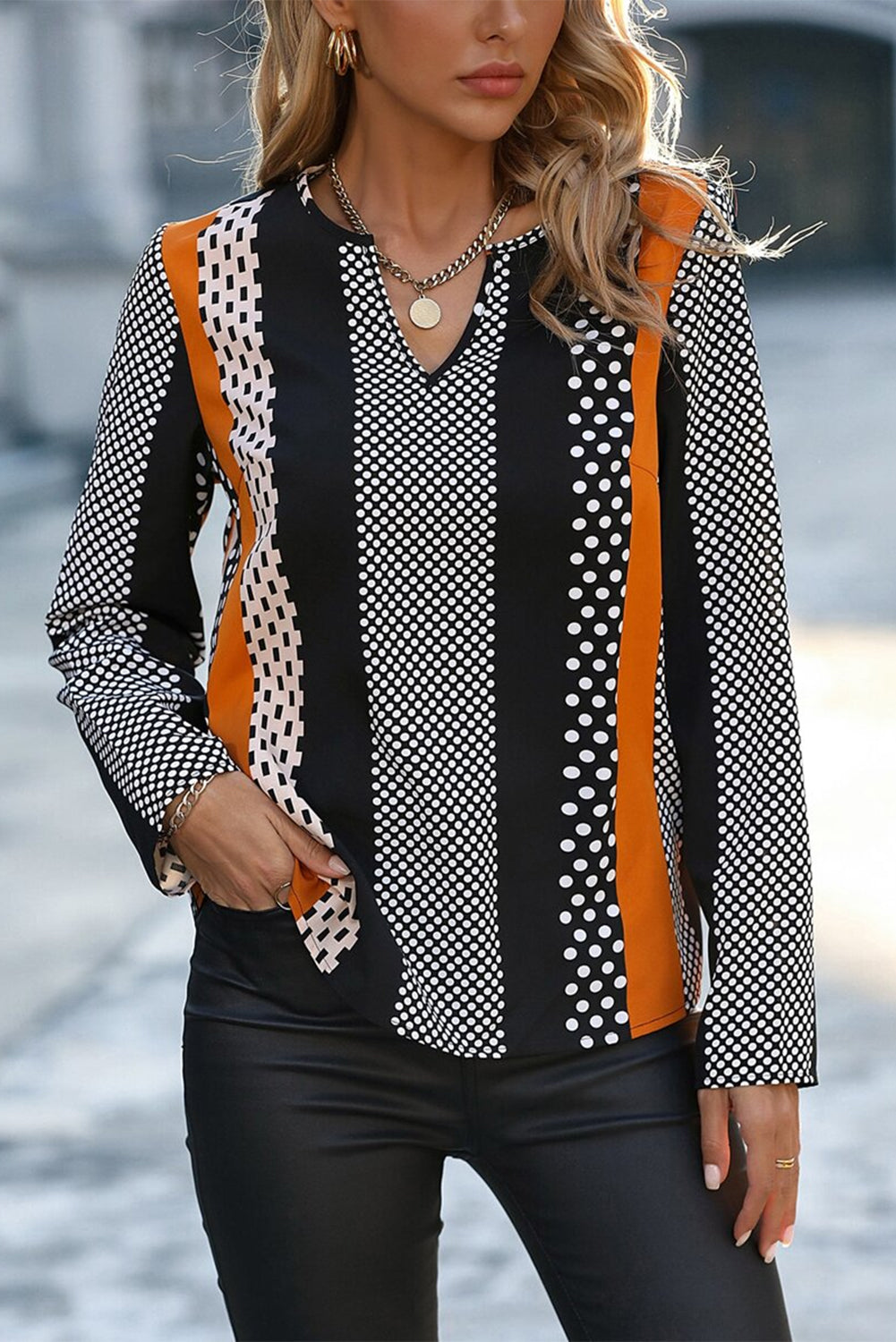 Colorblock Notched V Neck Blouse