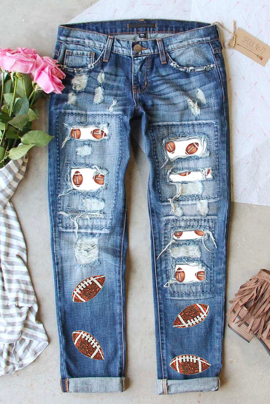 Rugby Football Patchwork Distressed Straight Leg Jeans