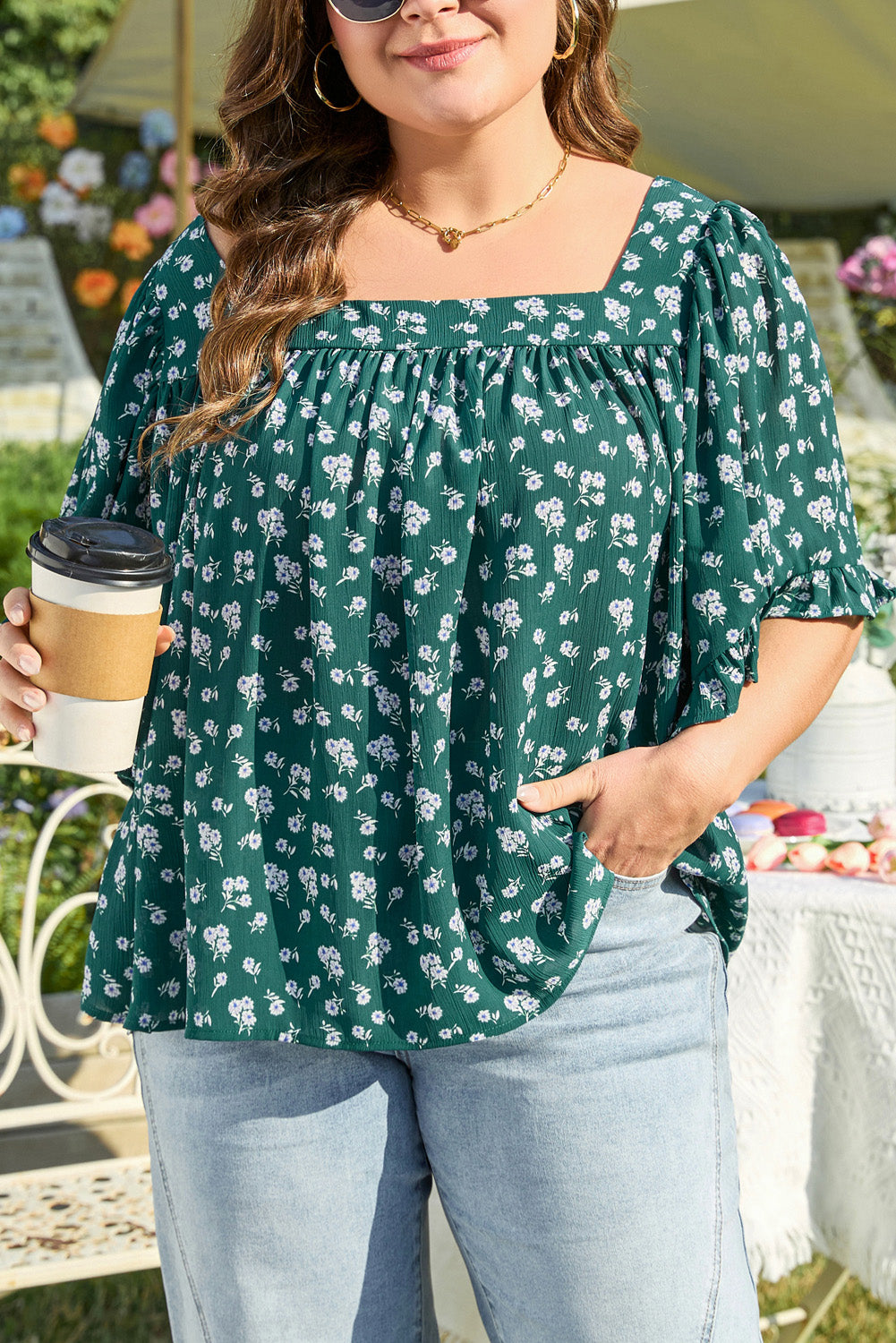 Floral Print Square Neck Ruffled Trim Blouse