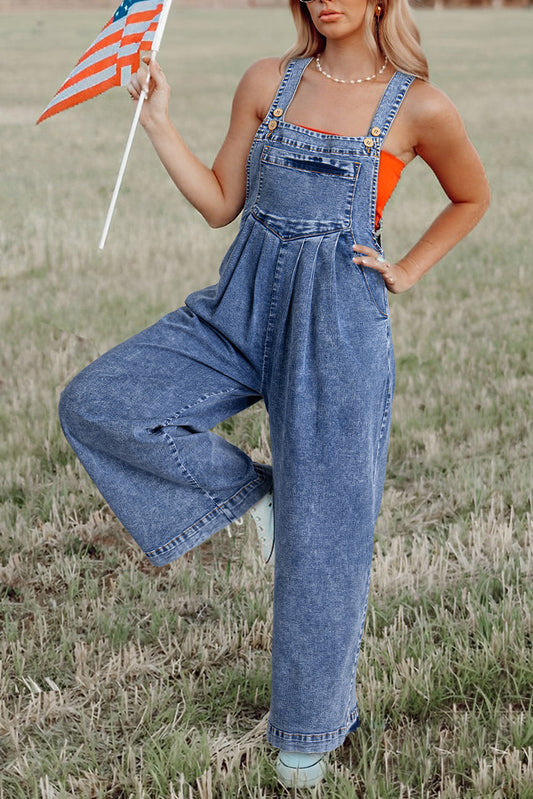 Buttoned Straps Wide Leg Denim Overalls