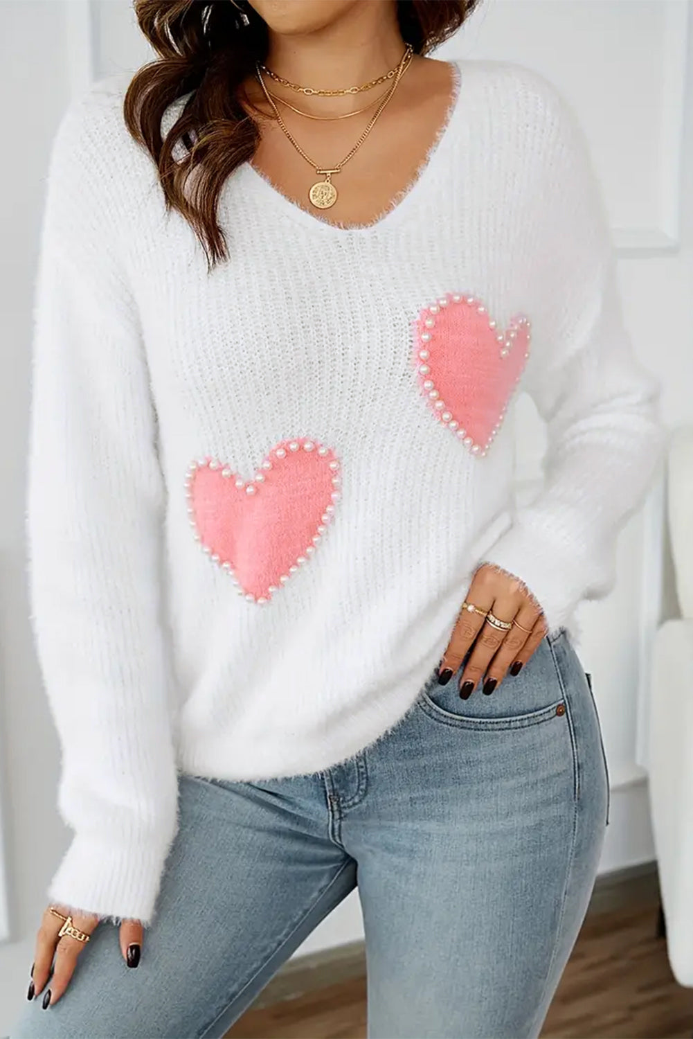 Heart Pattern Fuzzy Sweater